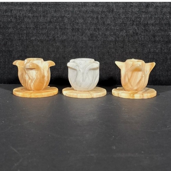 Other - Set of‎ 3 Vintage Carved Marble Onyx Stone Candle Stick Holder Tulip Design